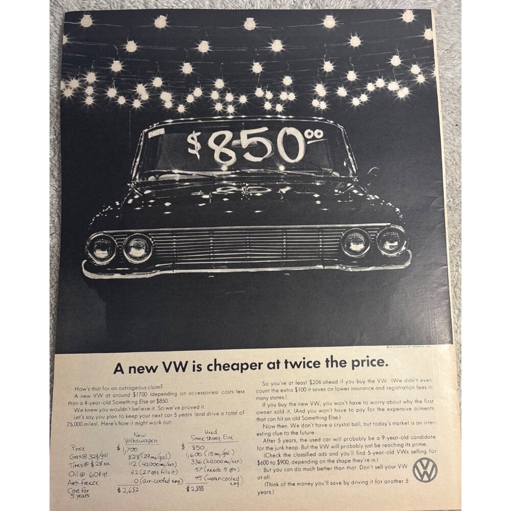 Vintage 1960s Volkswagen Advertisement VW Cheaper at Twice the Price